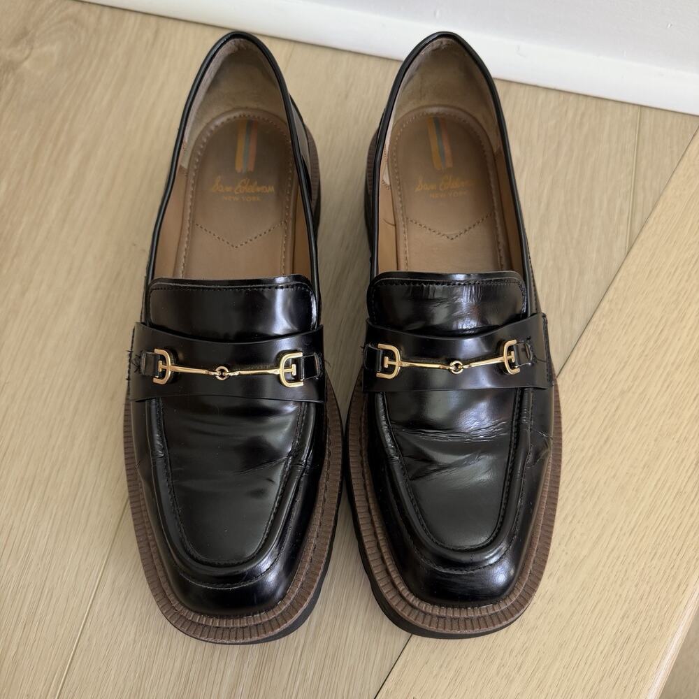 Sam Edelman Black Patent Leather Bit Loafers with Brown Sole